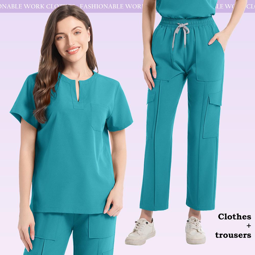 Uniforme Médical Blouse Pantalon Femmes Ensemble de Blouse Médicale à Poches + Pantalon Costume 2 Pièces Vêtements d'Infirmière pour Bloc Opératoire Salon de Beauté Vêtements de Travail