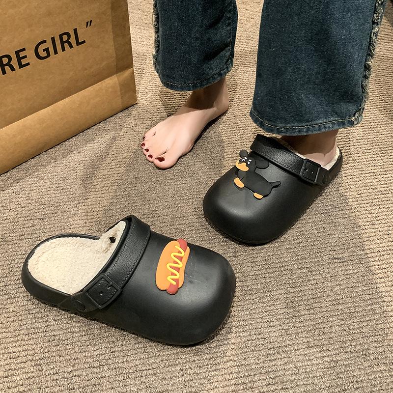 Women's Cotton Slippers: Cute Sausage Dog Design, Plus Velvet, Warm, Non-slip, Waterproof, Closed Toe for Autumn/Winter 2025.