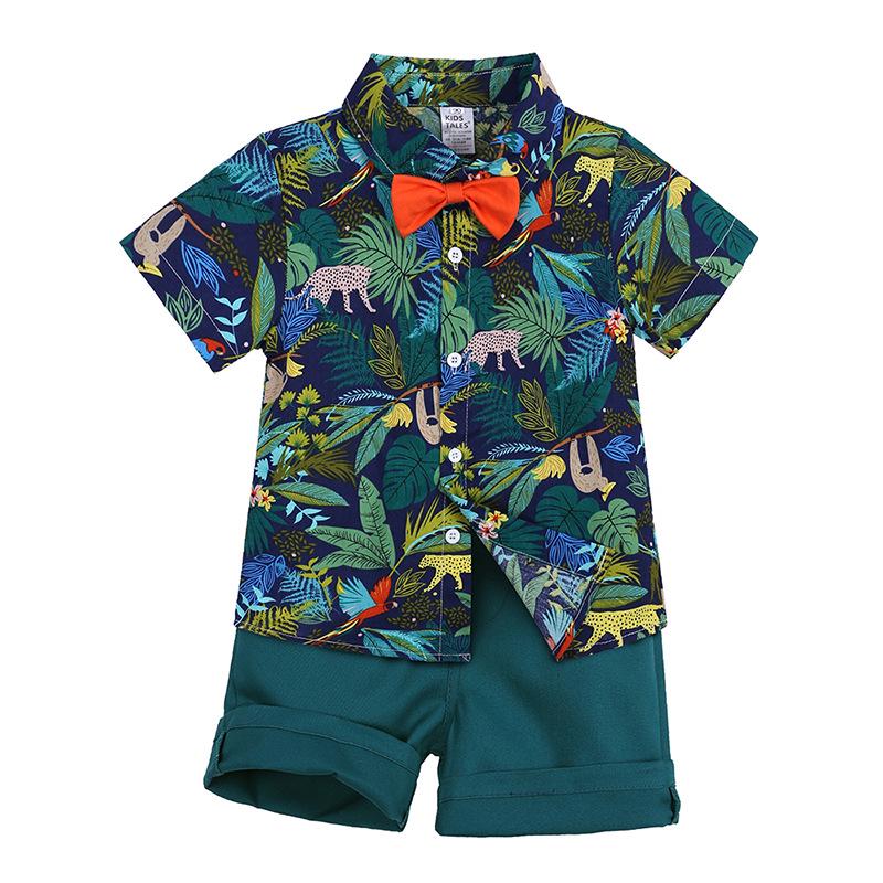 Blumenblatt-Print Kurzarm-Hemd Set für Jungen - Europäischer & Amerikanischer Stil