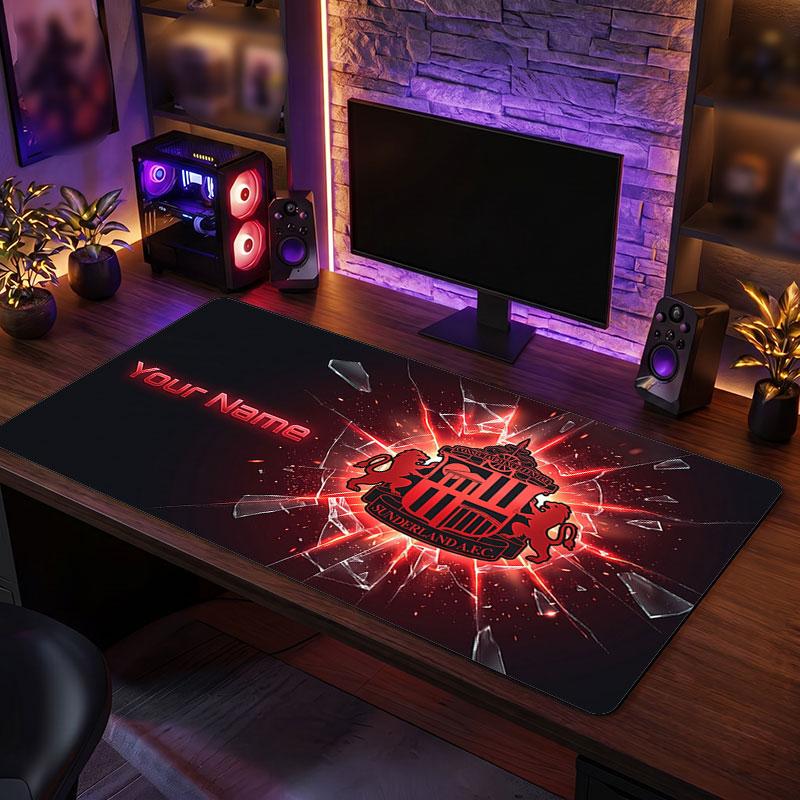 Sunderland FC Custom Large Mouse Pad, Personalized Name Text Print, Football Logo Non‑Slip Desk Mat Gaming Gift