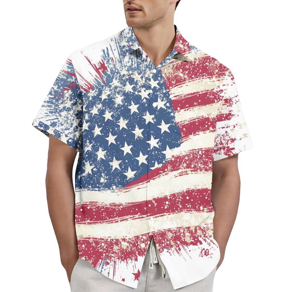 Men's Casual Stylish Flag Letter Print Shirt - Men's Lapel Short-sleeved Button-up Shirt