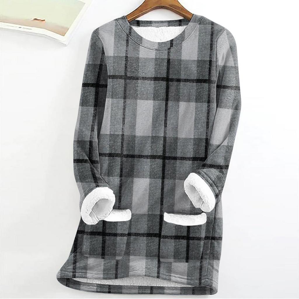 Women's Fashion Plaid Print Round Neck Long Sleeve Plush Winter Warm Pullover Top