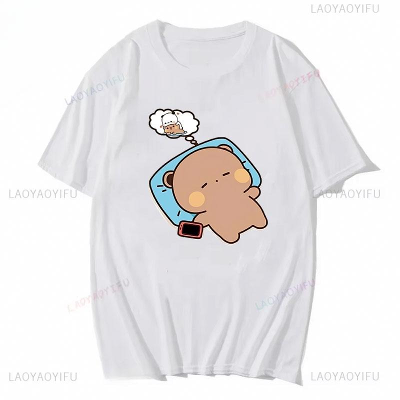 Couple Shirts Kawaii Cute BuBu Panda Going To Sleep with DuDu Bear Graphic Tshirt Funny Cotton Unisex Clothes Lovers' Clothes