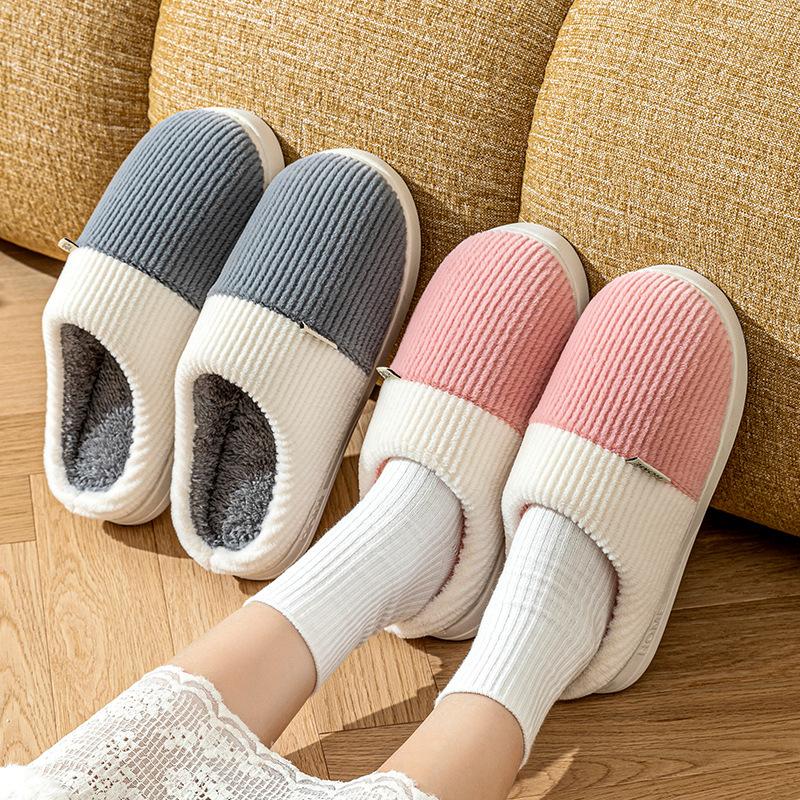 Double spell stepping on shit cotton slippers autumn and winter indoor home use warm and velvet thick-soled couple wedding shoes