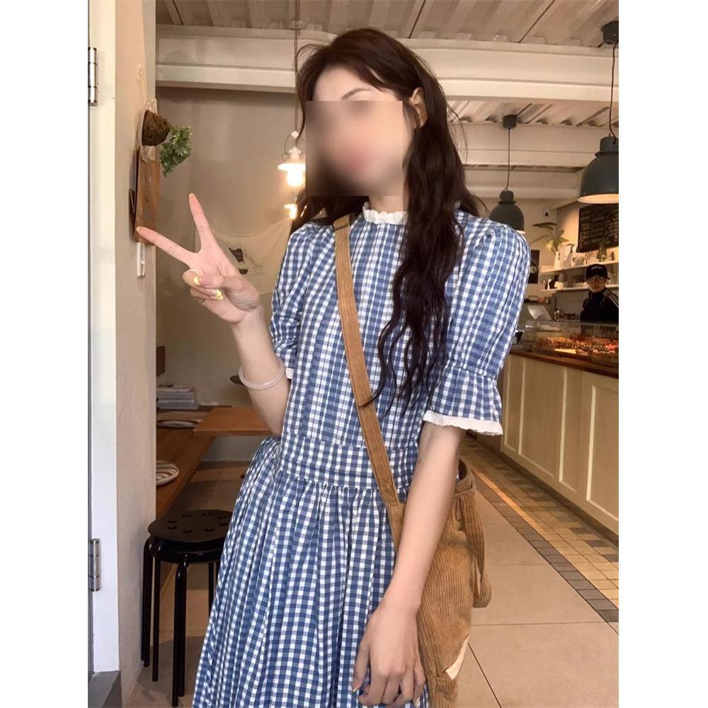 

Корейское ретро клетчатое платье с коротким рукавом: Женская летняя юбка-свинг с утягивающей талией. XL (for 55-60kg)