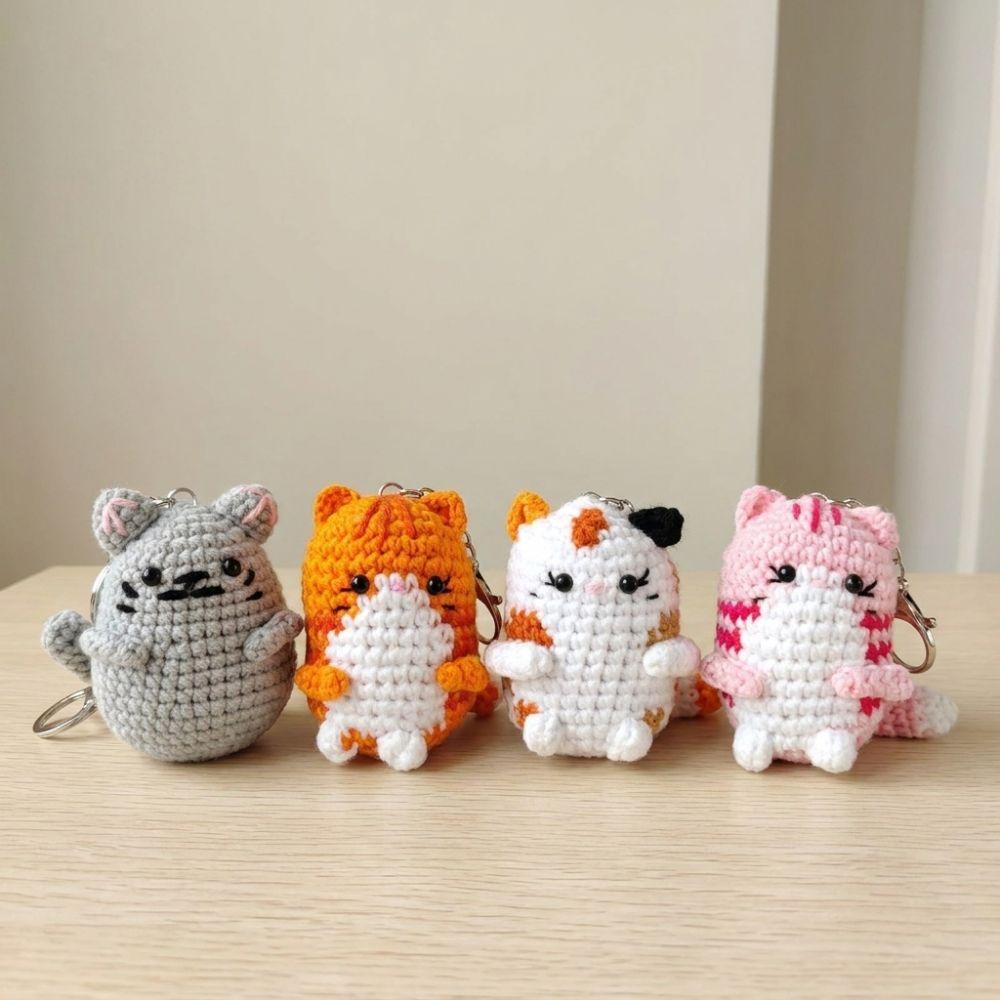 Handmade Hand Cat Keychain Handwoven Yarn Kitty Bag Charm Crochet Kitten Keyring Backpack Decor