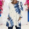 Women Plus Size Round Neck Long Sleeve Blue White Tie Dye Printed Loose Longline T Shirt With Pockets