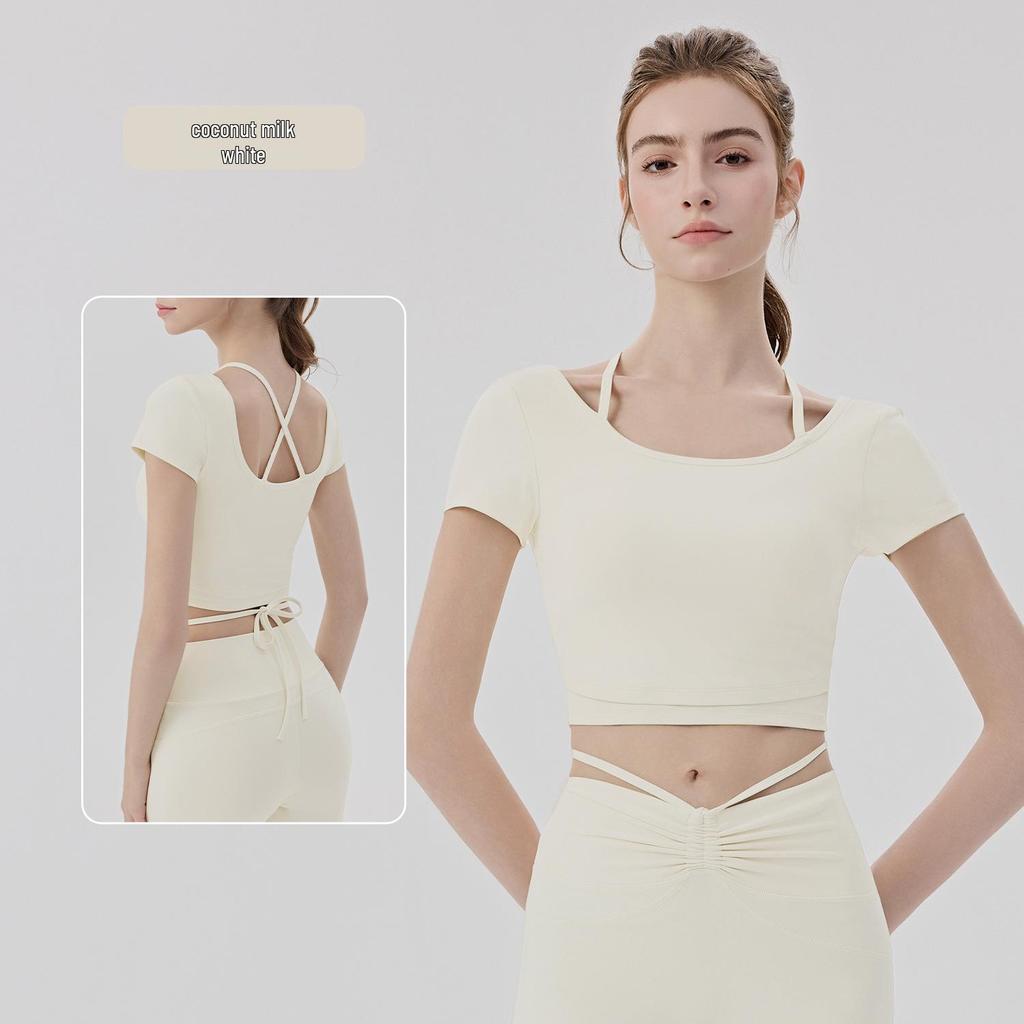 Women's Cooling Yoga Suit: Short Sleeve Top with Built-in Bra & Draping Tie-up Micro Flare Pants Set