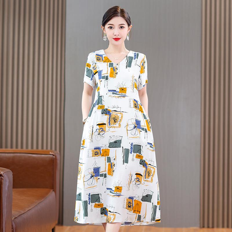 2023 Bavlněné tištěné letní šaty s kontrolou bříška plus size pro ženy středního věku a starší