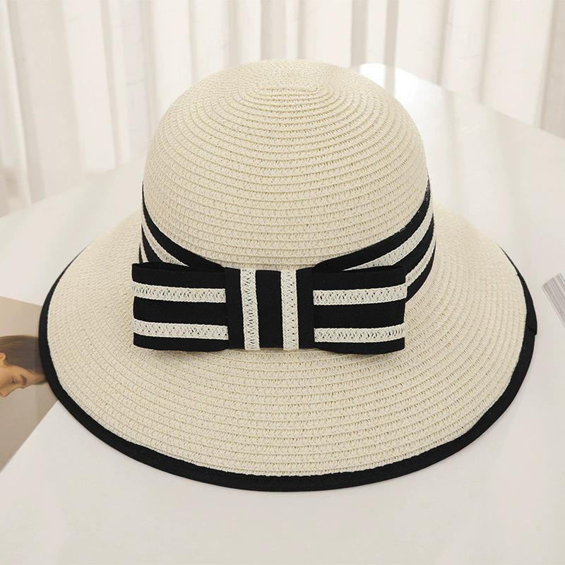 New Women's Summer UV Protection Sweet Ribbon Seaside Vacation Sunshade Bucket Hat Bow Large Brim Straw Hat