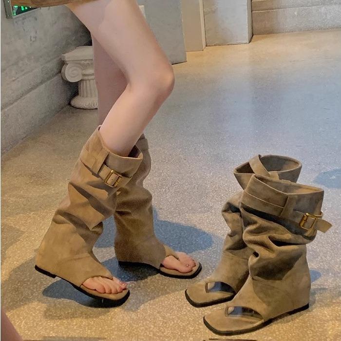 Spot Second Hair! Grape Mother Same Shoes Fashionable Spice Girls Wind Open Toes Thin Pile Medium Boots Toe Cold Boots Women