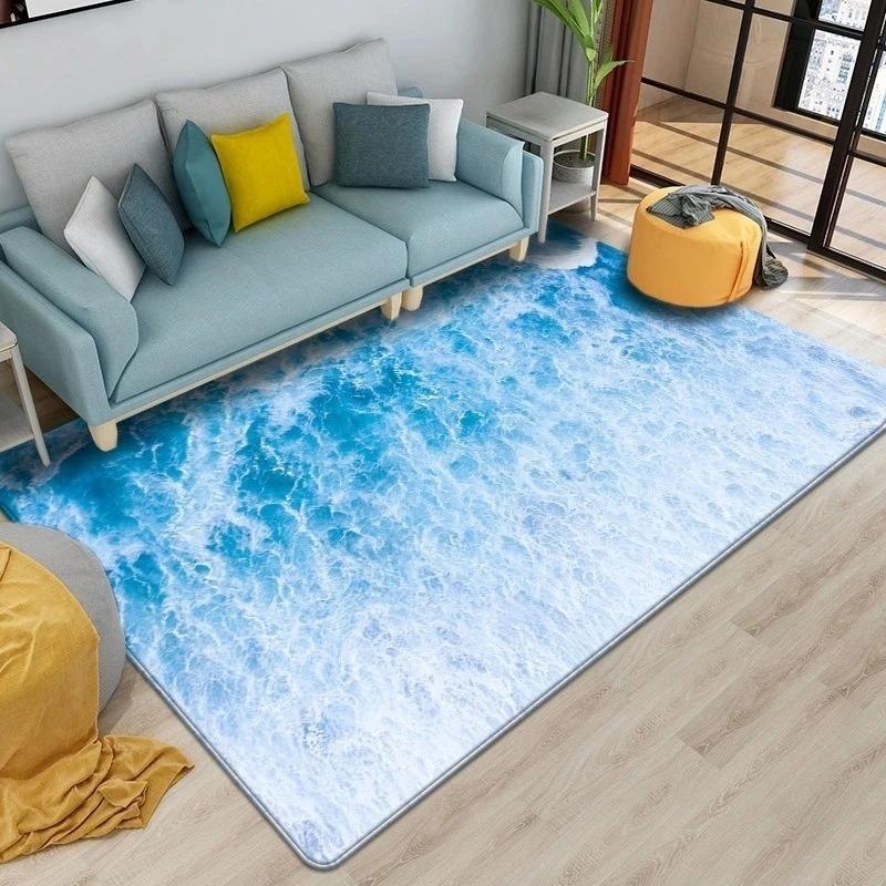 Ocean Themed Carpet Blue Green Wave Design Non Slip Bath Mat Coastal Decor Washable Rug for Living Room Bathroom