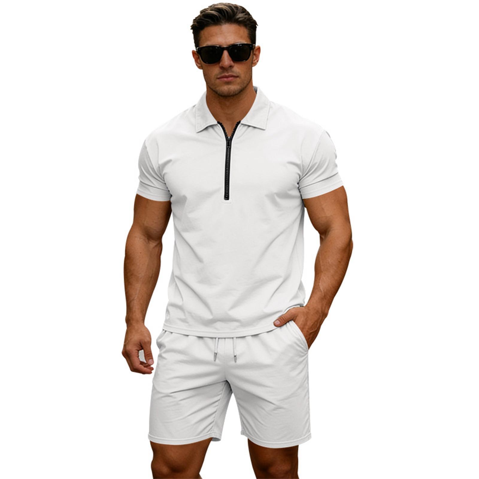 

Men s Loose Zipper Collared Short-sleeved Short Pants Two-piece Set XL білий