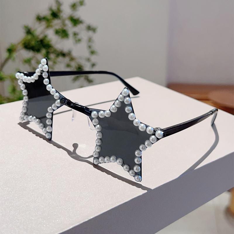 KAMMPT Cute Star Shaped Sunglasses with Pearls Women New Fashion Decor Shades Trendy Original Handmade Outdoor Rave Sun Glasses