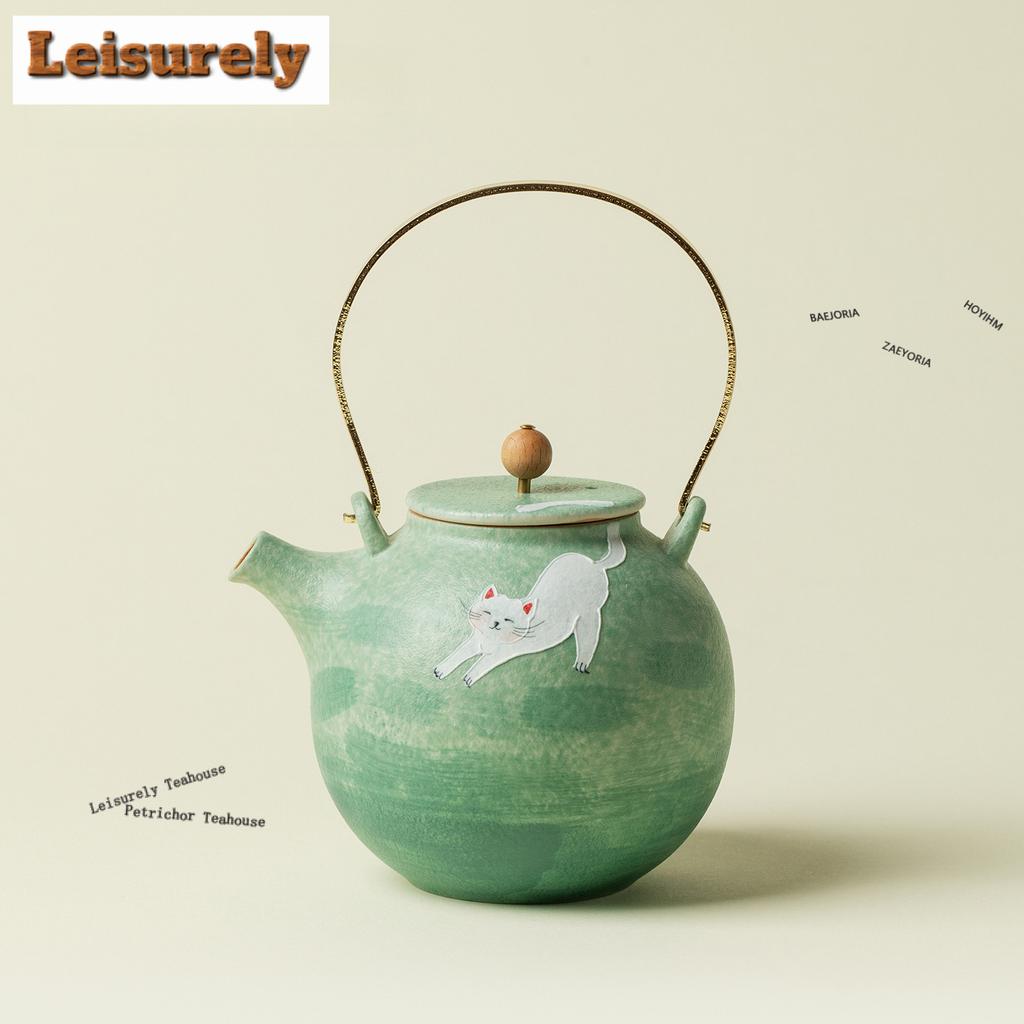 111ml Green Hand-painted Cat Teapot Luxury Tea Infuser Pot Tea Maker Kettle With Ball Hole Chinese Tea Set Accessories Ornaments