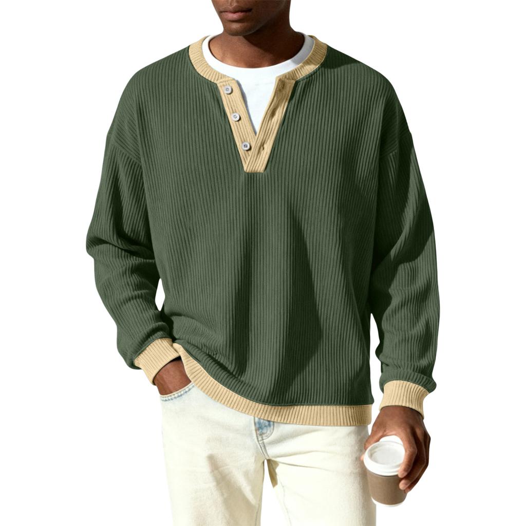 Men's Button-Down Collar Long-Sleeve Ribbed Knit Pullover