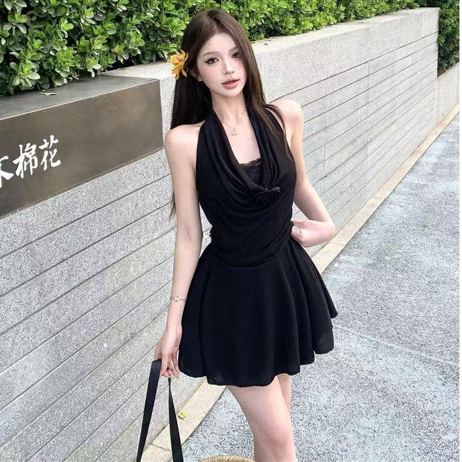 French temperament waist neck dress women's summer new lace splicing fake two pieces pure desire skirt short skirt