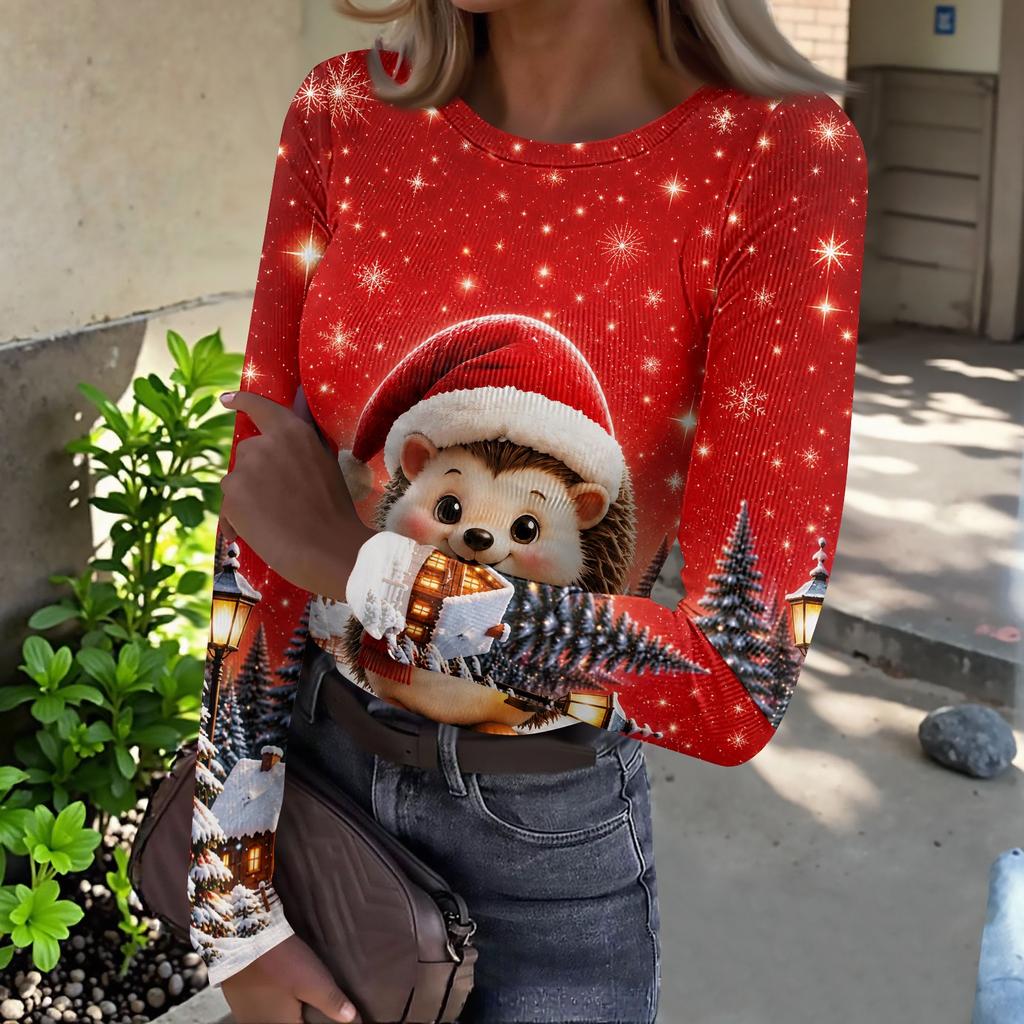 Women's Slim Fit Long Sleeve Base Layer T-Shirt with Christmas Print, Round Neck Pullover Top
