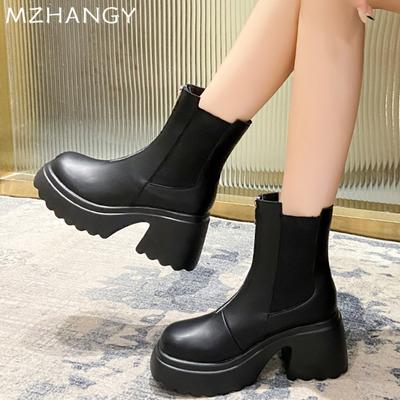 Mode Damen Leder Reißverschluss Stiefeletten Elegant Mittelhohe Absätze Schuhe Frau 2025 Trend Mode Winter Neu Schnee Pumps Motorradstiefel Mujer