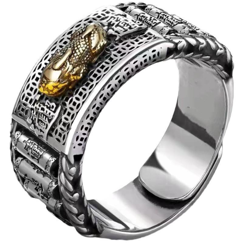 Mens Adjustable Copper Ring With Rotating Pixiu Charm Vintage Ethnic Style Statement Jewelry