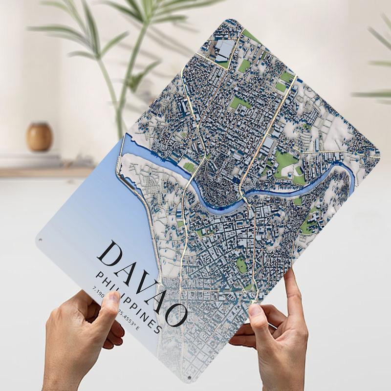 Davao Philippines City Map Printing Poster Customized Retro Wall Art Vintage Metal Signs for Room Mancave Decoration Gaming Home