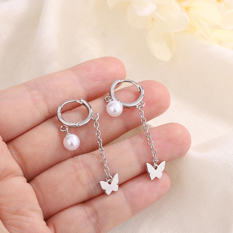 Elegant Short Pearl Huggie Earrings With Sweet Butterfly Tassel Niche Design For Women Trendy And Chic Jewelry