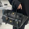 High Quality Leather Women's Bag Cool Motorcycle Platinum Square Buckle Simple Versatile Large Capacity Travel Underarm Tote Bag