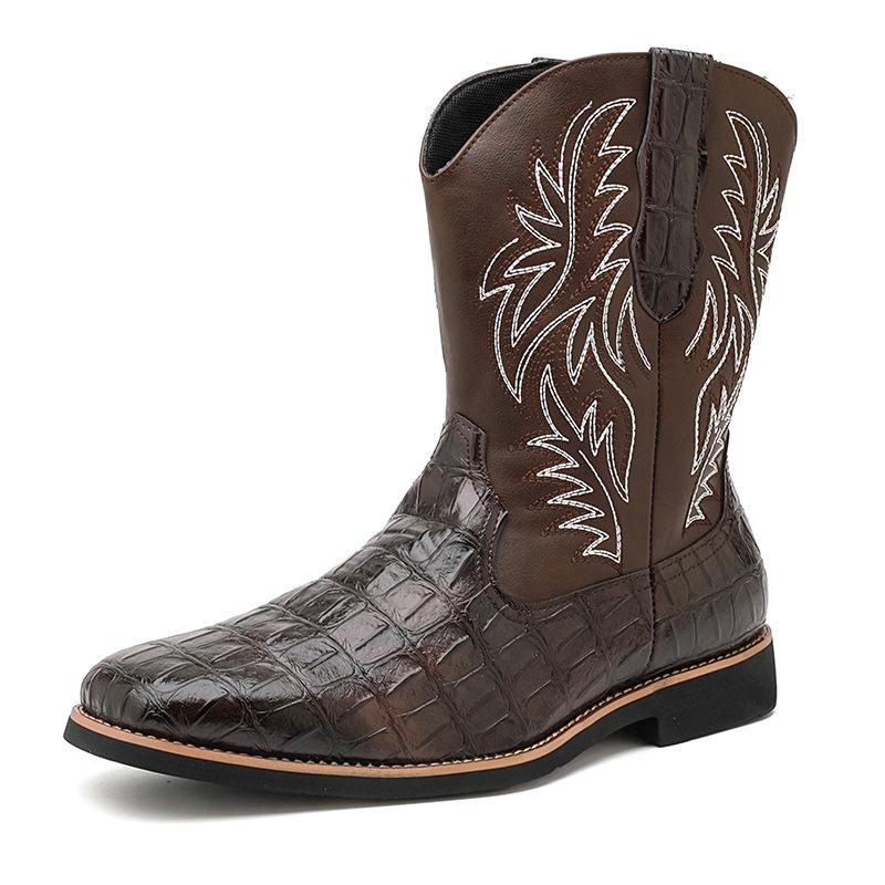 Men's Western Cowboy Boots: Retro Crocodile Pattern Embroidered Leather Knight Boots, Large Size, High Cut