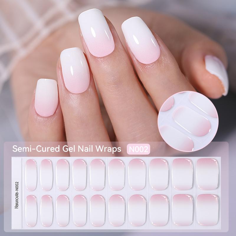 20Tips Gradient French Semi-cured Gel Nail Sticker UV Lamp Needed Full Cover Nail Gel Polish Wraps Manicure Press On Nails Decal
