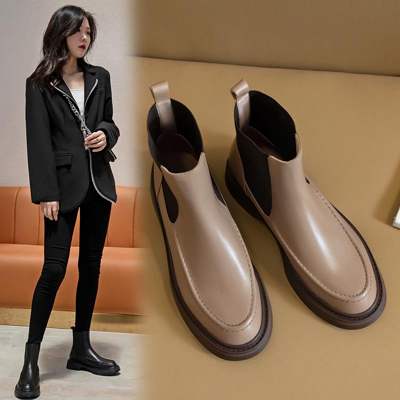 Fashion Hot Genuine Leather Women's Boots Retro British Style Slip-On Chelsea Boots Fashion Ankle Boots Round Toe Flat with Women Shoes