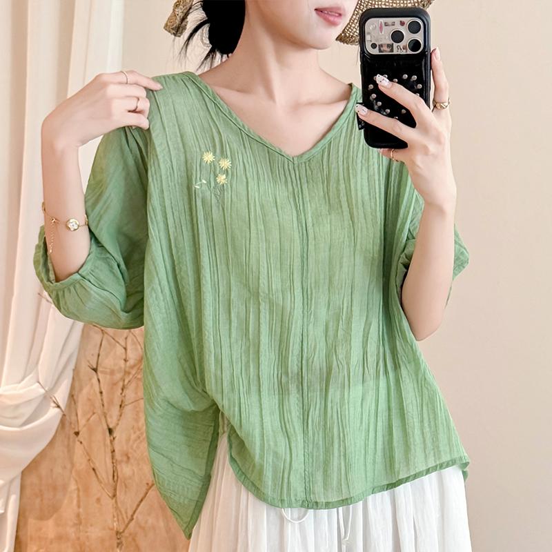 DIMANAF 2026 Summer New Plus Size Women Blouse Shirt Vintage Embroidery Loose Cotton Linen Casual Lady Tops