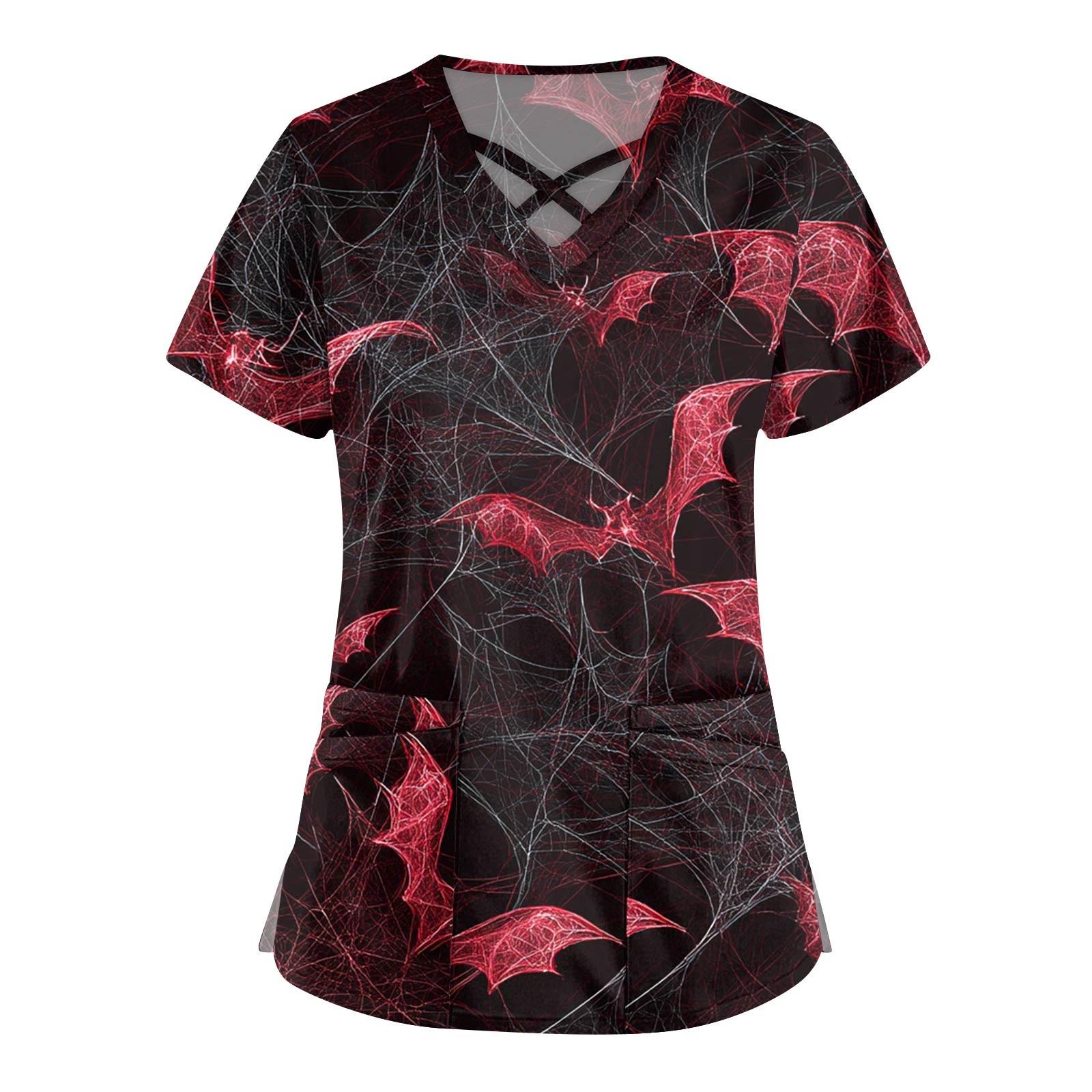 

Женская мода Комбинезоны с перекрестным V-образным вырезом и короткими рукавами Двойные карманы Топы с принтом на Хэллоуин Униформа XXXXL