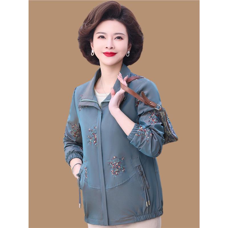 Elegant Embroidered Spring & Autumn Jacket for Moms - Fashionable Casual Trench Coat for Middle-Aged and Elderly Women