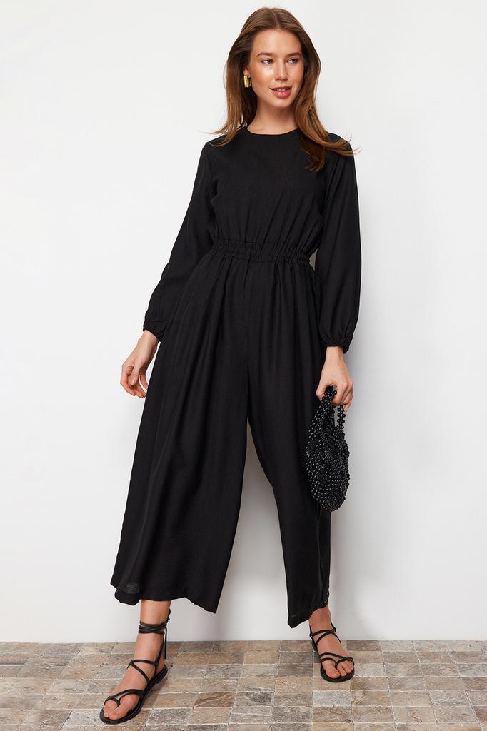 Women's Fashion Jumpsuit Square Collar Long Black Thick Strap Button Detailed Wide Leg Woven Jumpsuit