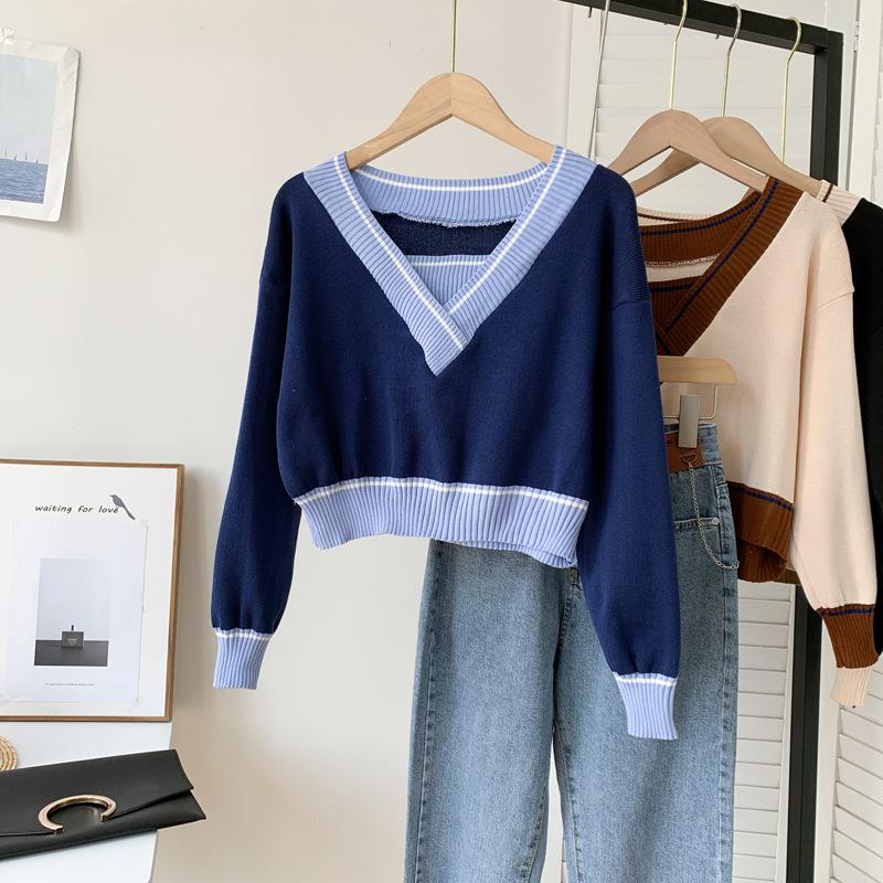 

Knitted sweater women s early autumn new fashion splicing, with fake two long-sleeved short tops for women one size fits all синий