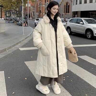 Winter Cotton Coat Calf Length Thickened Padded Single-breasted Turn-down Collar Loose Long Sleeves Overcoat Slim Waist Fleece Parka