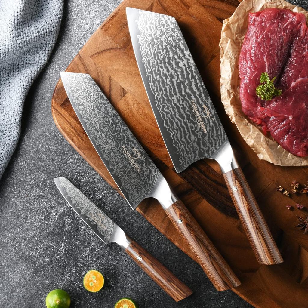 Cuțit VG10 Set de Cuțite din Oțel Damasc Cuțit de Legume și Fructe Tăietură Ascuțită Ideal pentru Uz Casnic și Cadouri Set de 3 Piese NANFANG BROTHERS (Santoku,