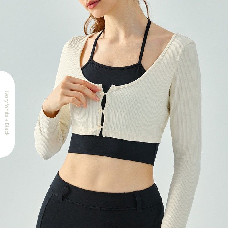 Export Semi-Fixed Cup Halterneck Fake Two-Piece Yoga Clothes Women's Long Sleeve Short Breathable Workout Clothes Sports Tops Spring & Fall