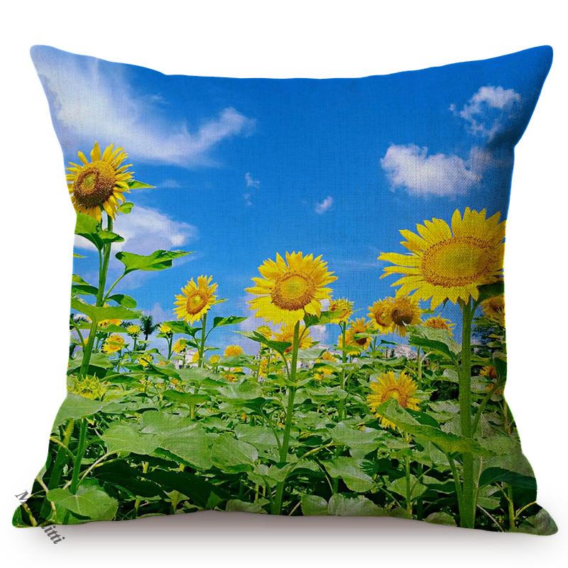 Sunflower Farm Natural Landscape Style Home Decor Sofa Pillow Case Nordic Pastoral Cotton Linen Living Room Chair Cushion Cover