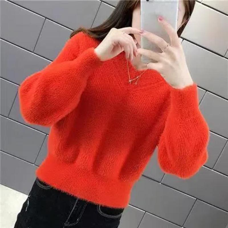 

Новый вязаный базовый свитер для женщин, свободный ленивый стиль, модный воротник в виде куриного сердца, пуловер, норковый вельвет L