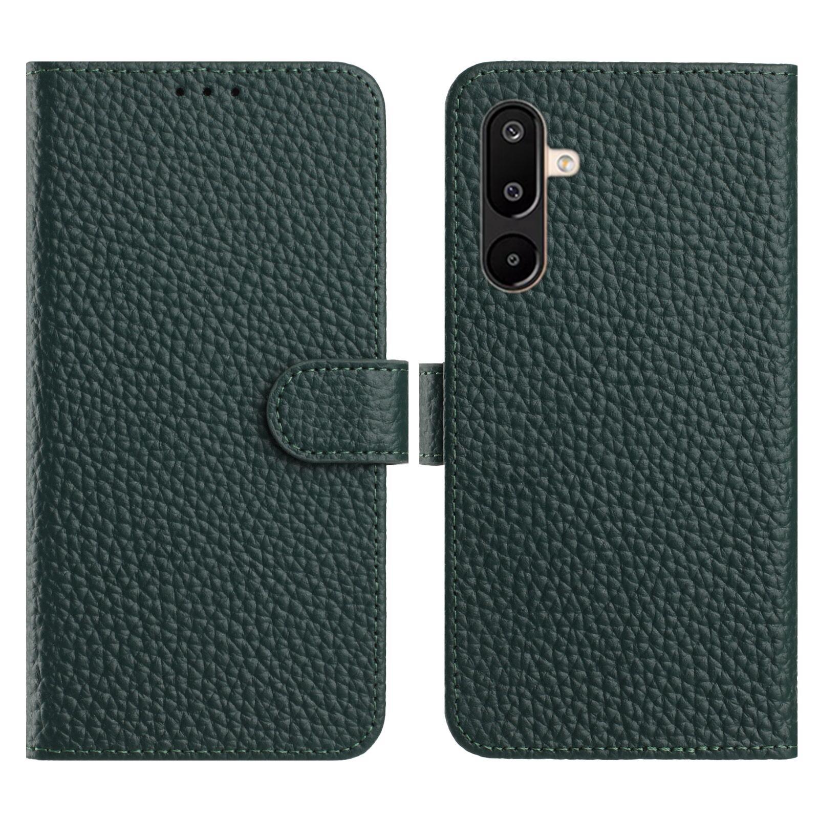 

For Samsung Galaxy M36 5G Case Wallet Stand Litchi Texture Genuine Cow Leather Flip Phone Cover Green