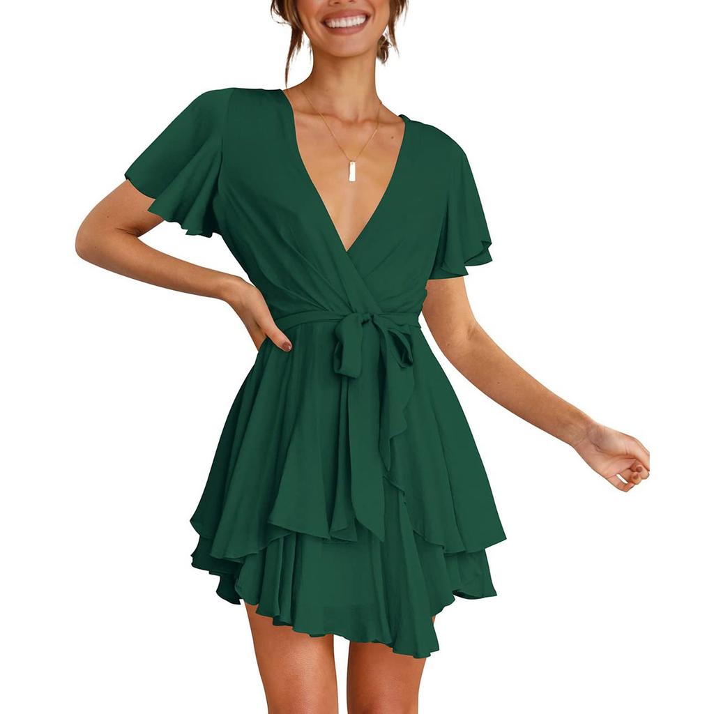Women's Fashion Casual Color Short Sleeve V-Neck Loose Waist Ruffle Dress