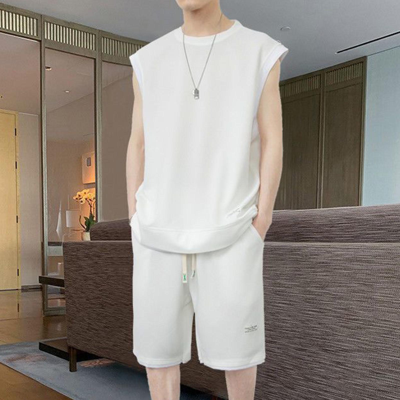 

Мужской однотонный повседневный комплект из двух предметов: футболка без рукавов с круглым вырезом и шорты XL белый