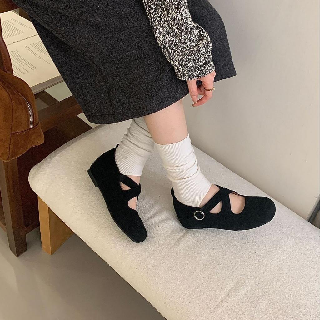 2025 autumn and winter new cross word with round head suede inner slope heel ballet Doudou women's single shoes