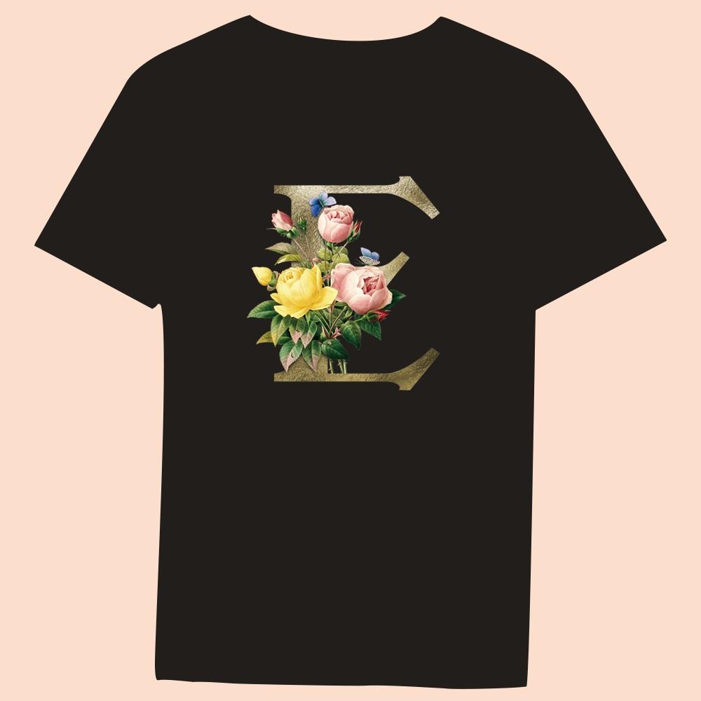 Gold Flower Letter 3D Printing Series Women's Black T-shirt Casual Large Top