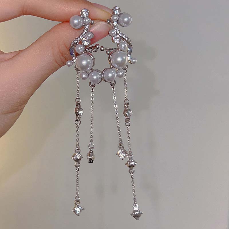 1 Pair Sliver Color Zircon Tassel Ear Clips for Women Fashion Liquid Metal Wing No Piercing Long Chain Ear Cuff Zircon 2025 New
