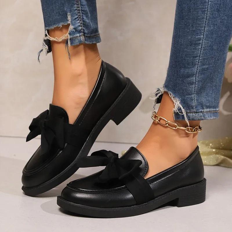 Fashion Fashion Bowknot Slip On Loafers for Women 2025 Summer Solid Color Patent Leather Shoes Woman Comfort Soft Sole Platform Loafers