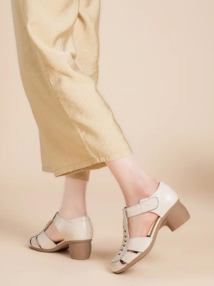 Johnature Echtes Leder Sommer Damen Schuhe Bequem Rindsleder Hohle Weiche Sohle Dicke Hohe Absätze Sandalen