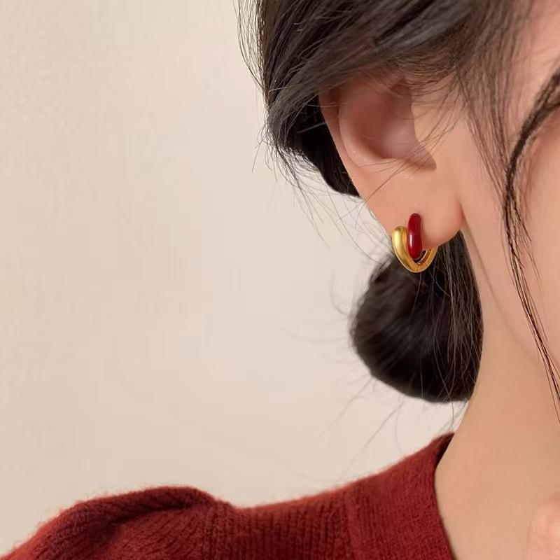 Real 925 Silver Red Drip Glaze Gold Hoop Earrings For Women Trendy Fine Jewelry Niche Advanced Accessories