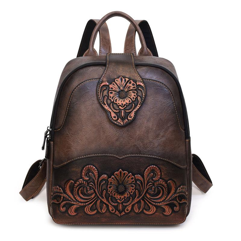 Western Tooled PU Leather Backpack for Women, Vintage Embossed Floral Backpack, Casual Travel Daypack Purse